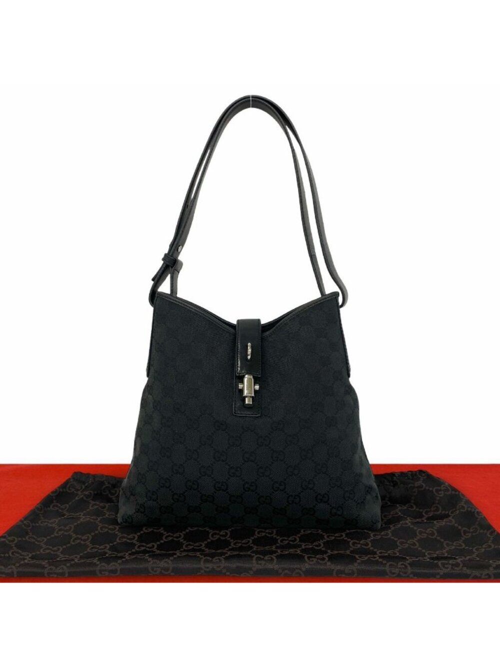 Gucci Jackie GG Pattern Canvas Leather Shoulder Bag Black
